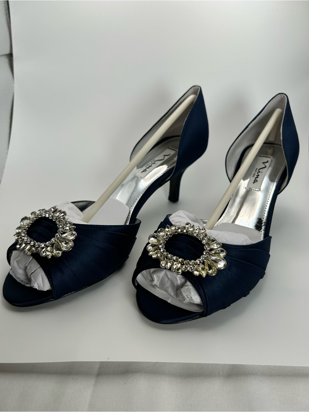 Nina Navy Satin Peep-Toe Heels with Crystal Circle Accent